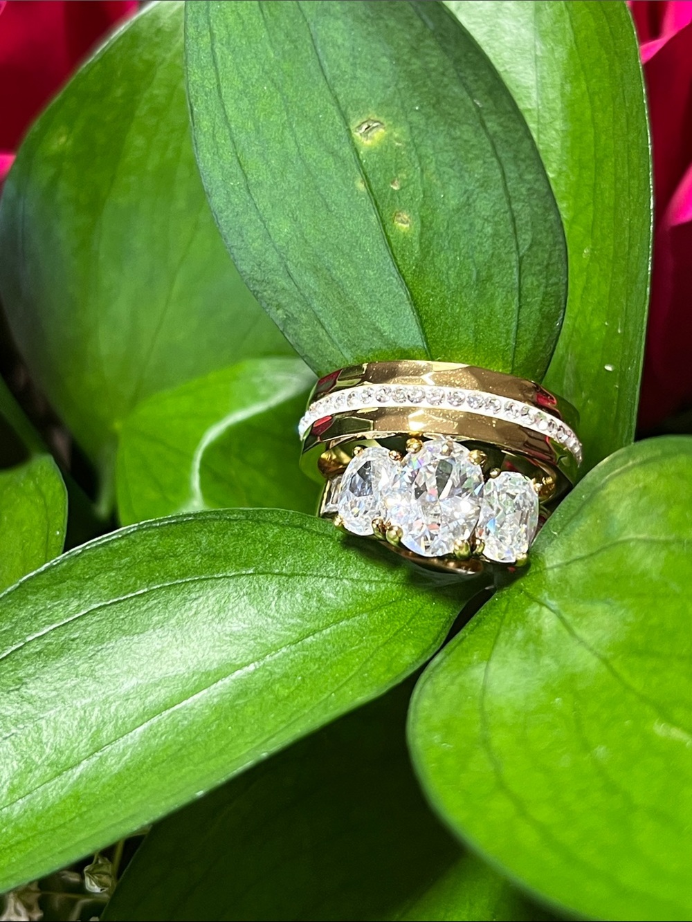 Gold Tone Triple Stone Cubic Zirconia wedding Ring set.Elegant White Sparkle